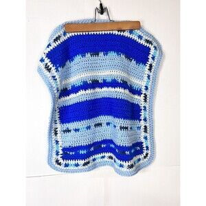 Handmade Crochet Baby Doll Blanket Lovey Blue Gray White 22 inch Square